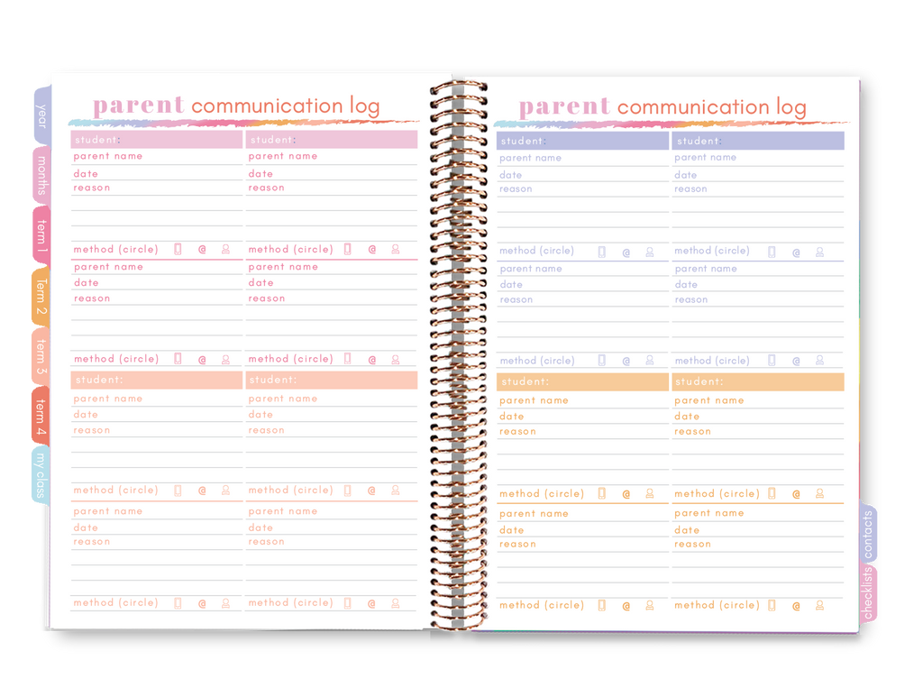 Elizabeth Richards 2023 Teacher Planner parent communication double page spread