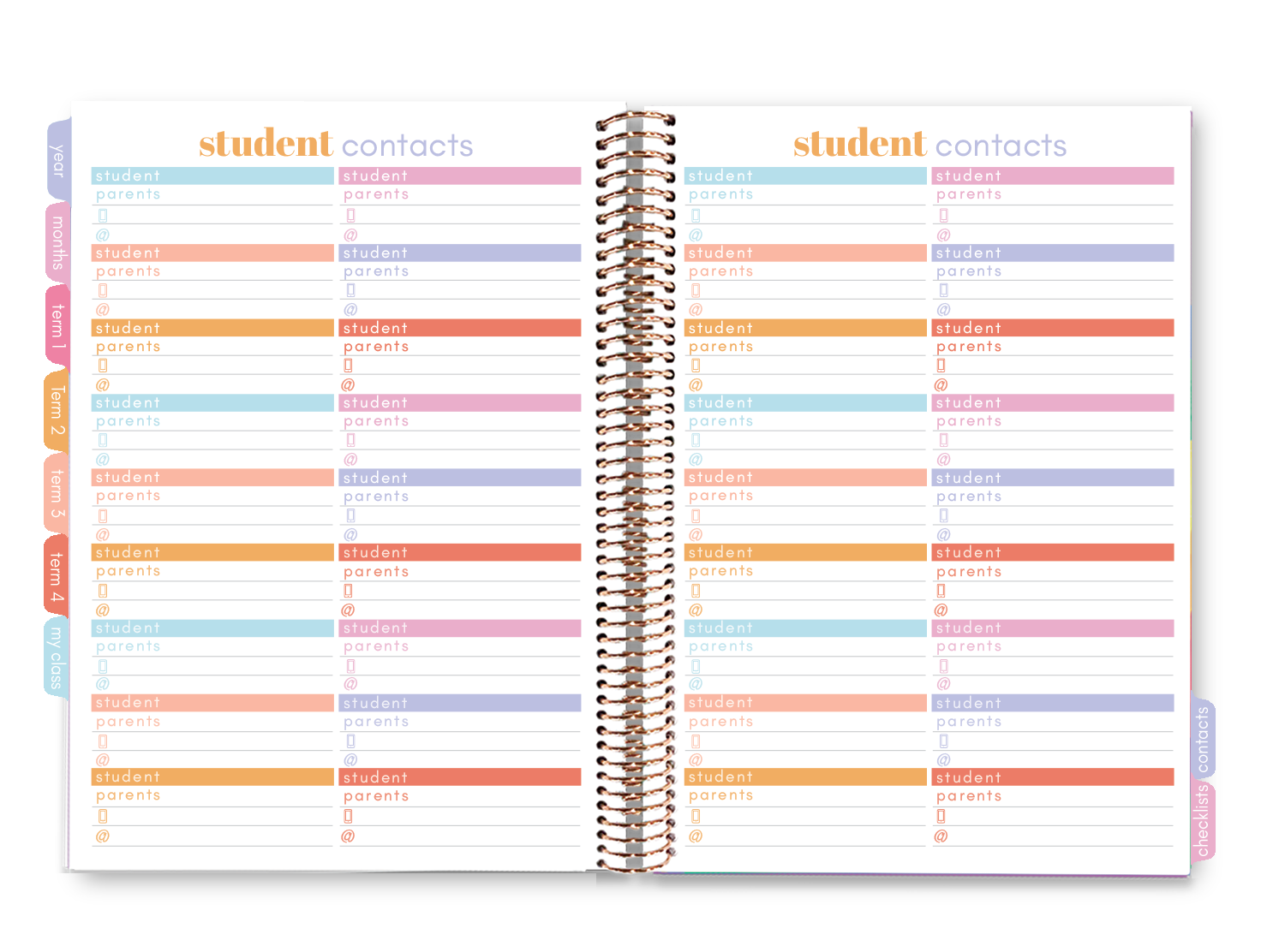 Elizabeth Richards 2023 Teacher Planner student contacts double page spread