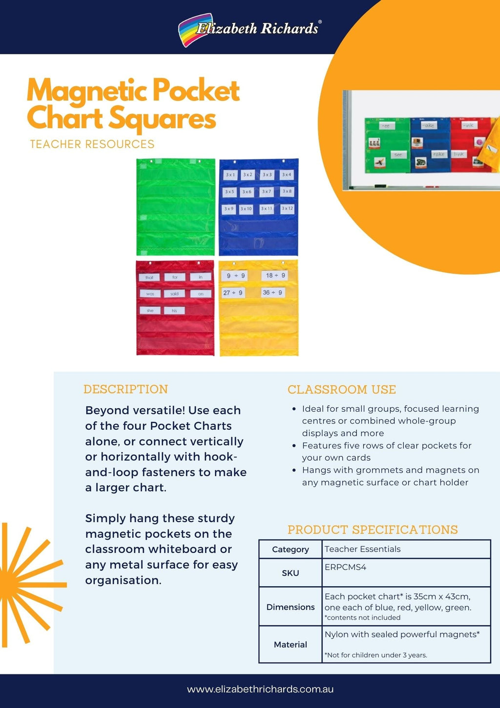 Magnetic Pocket Chart Squares - Set of 4