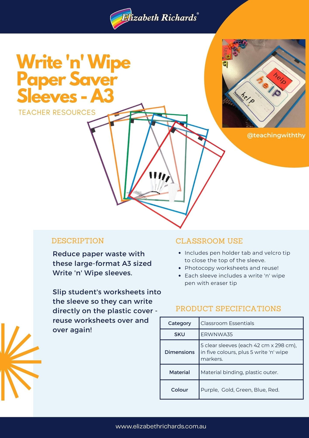 Write 'N' Wipe Paper Saver Sleeves A3 - Pack of 5